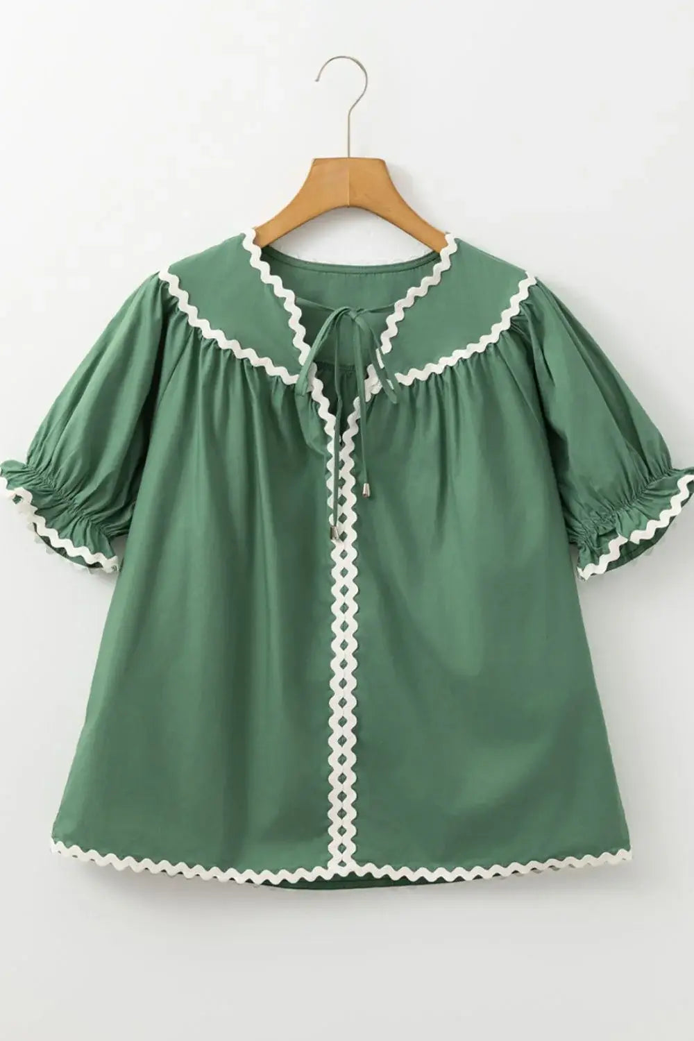 Ric Rac Trim Tie Neck Short Sleeve Blouse - Trendsi - Flyclothing LLC