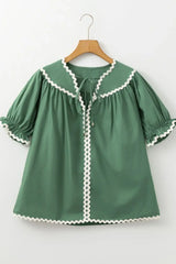Ric Rac Trim Tie Neck Short Sleeve Blouse - Trendsi - Flyclothing LLC