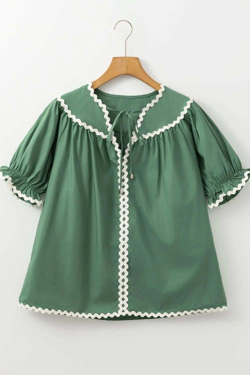 Ric Rac Trim Tie Neck Short Sleeve Blouse - Trendsi - Flyclothing LLC