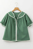 Ric Rac Trim Tie Neck Short Sleeve Blouse - Trendsi