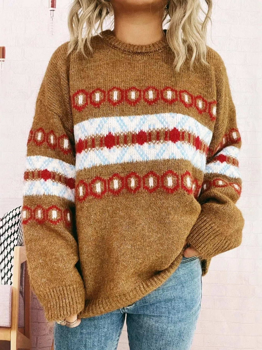 Contrast Round Neck Drop Shoulder Sweater - Trendsi - Flyclothing LLC