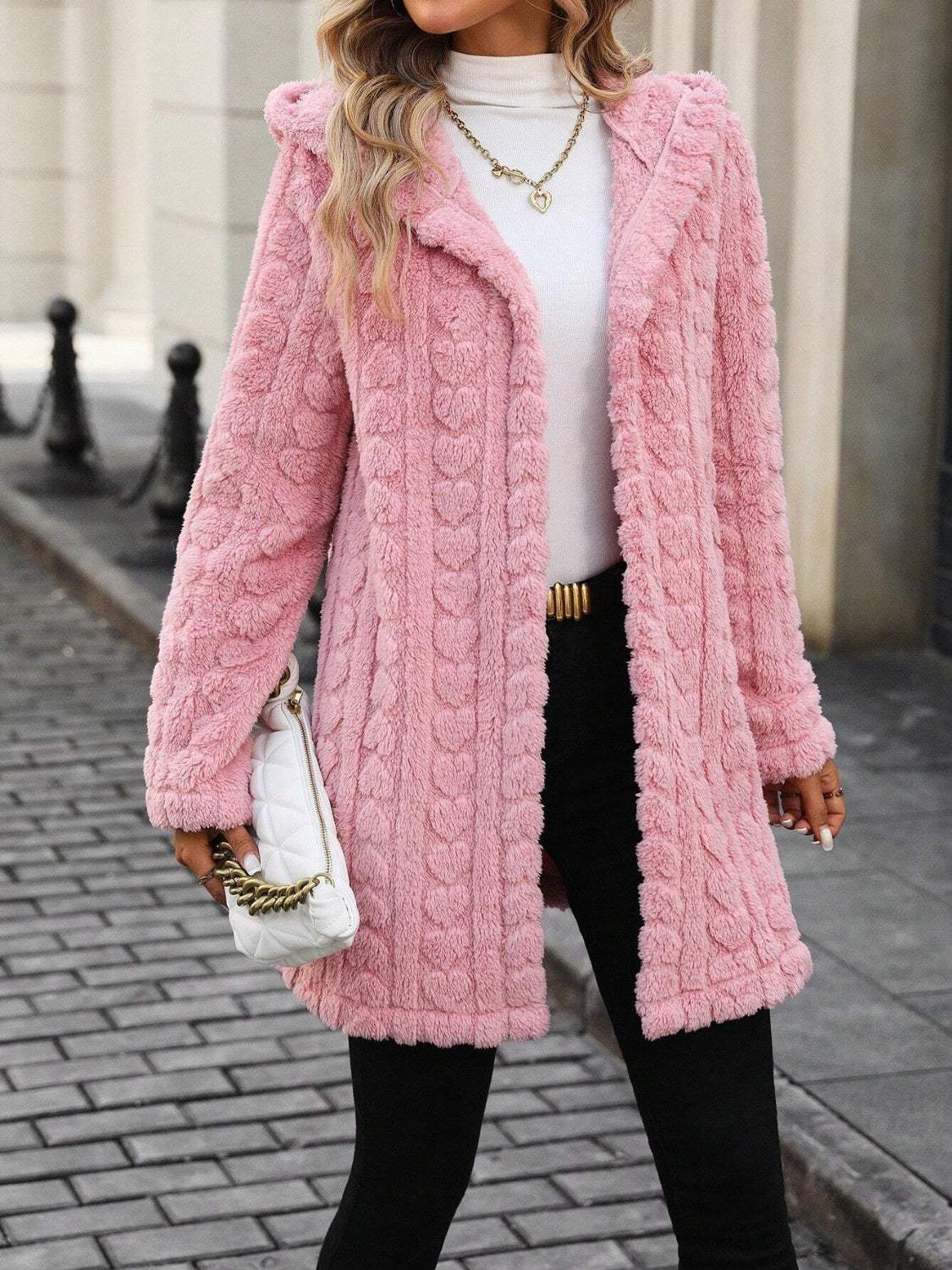 Heart Open Front Hooded Fuzzy Coat - Trendsi - Flyclothing LLC