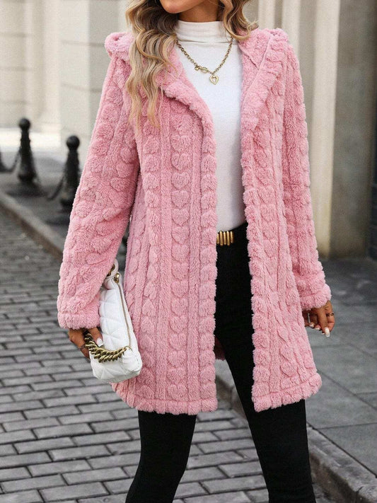 Heart Open Front Hooded Fuzzy Coat - Trendsi - Flyclothing LLC