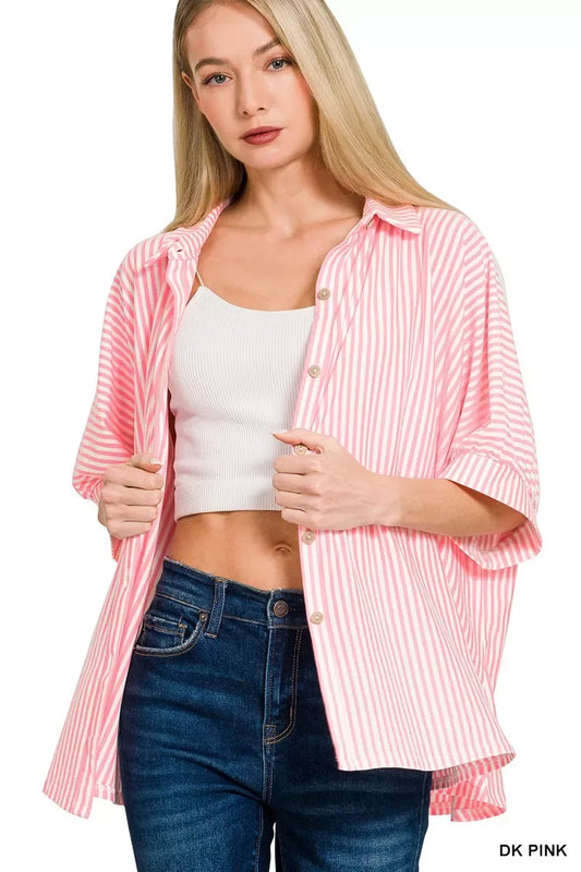 Zenana Oversized Stripe Button Down Shirt - Trendsi - Flyclothing LLC