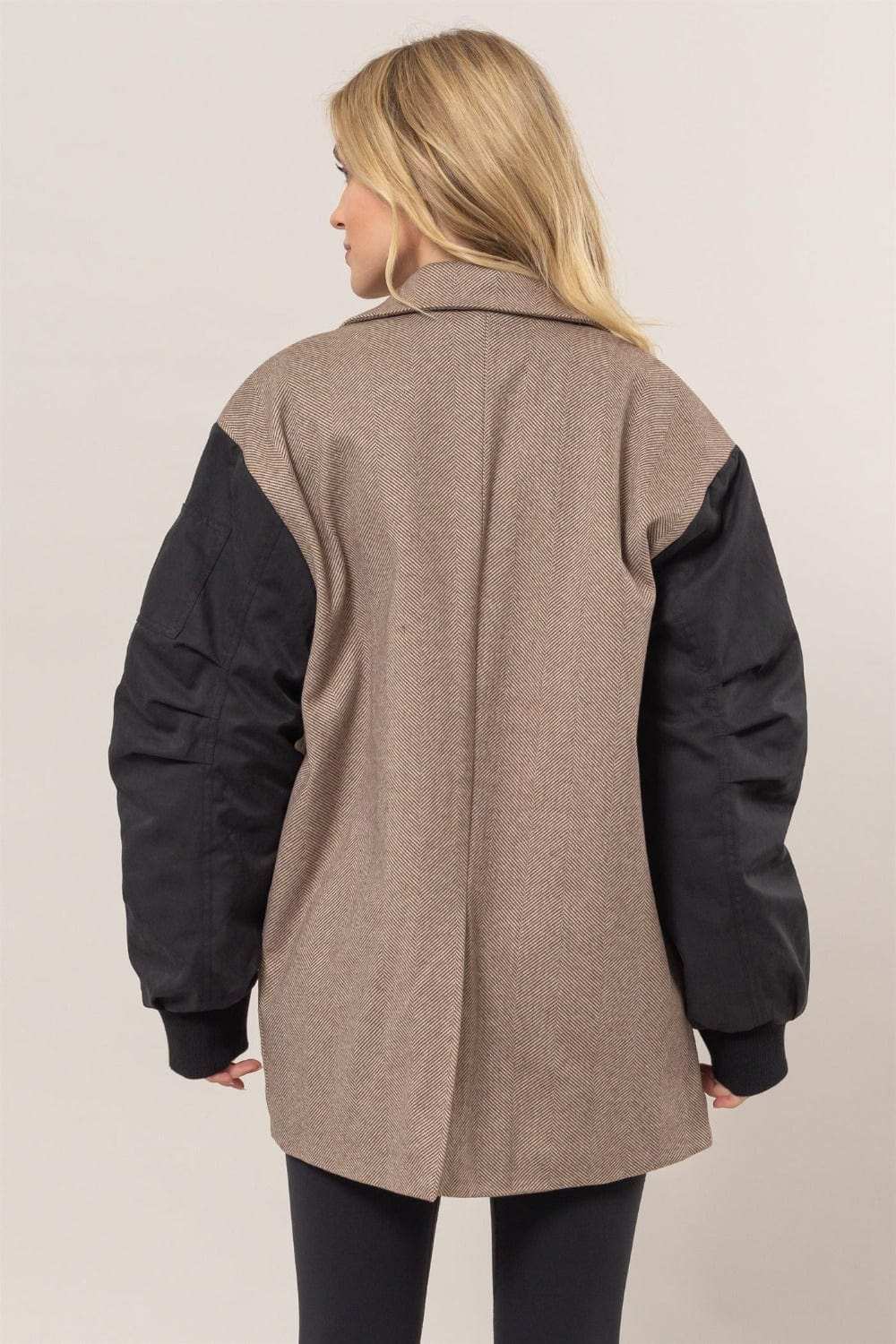 HYFVE Herringbone Mixed Media Contrast Long Sleeve Blazer - Trendsi - Flyclothing LLC