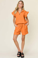 Double Take Full Size Texture Flounce Sleeve Top and Drawstring Shorts Set - Trendsi - Flyclothing LLC