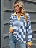 Striped Johnny Collar Long Sleeve Sweatshirt - Trendsi - Flyclothing LLC