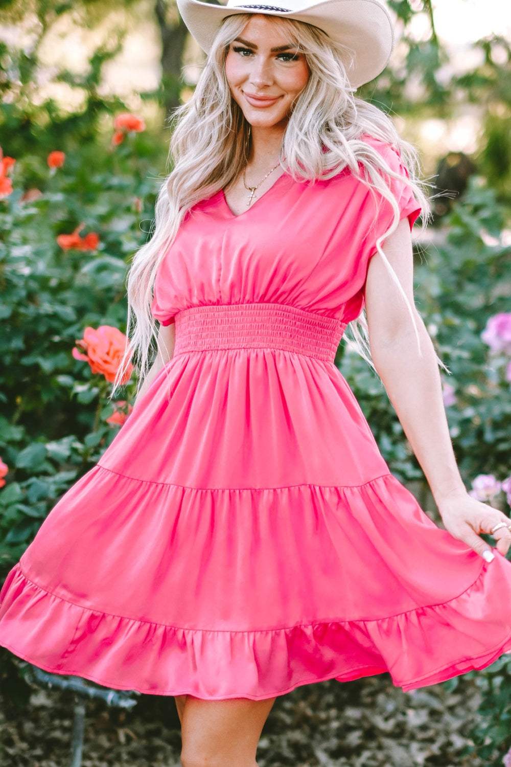Smocked V-Neck Cap Sleeve Dress - Trendsi - Flyclothing LLC