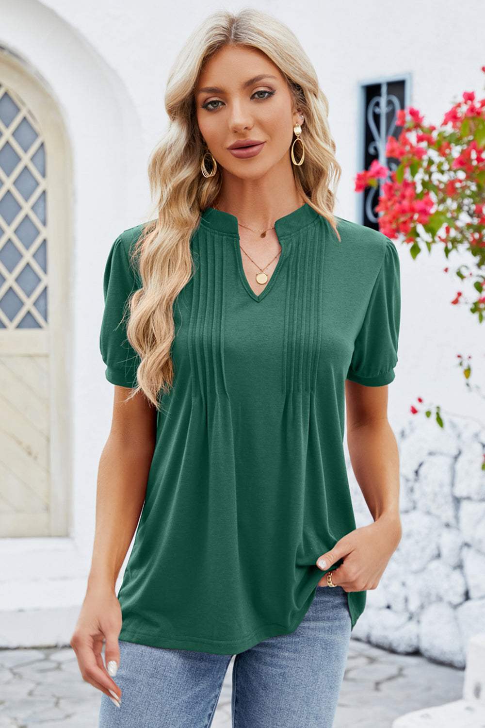 Notched Short Sleeve T-Shirt - Trendsi - Flyclothing LLC