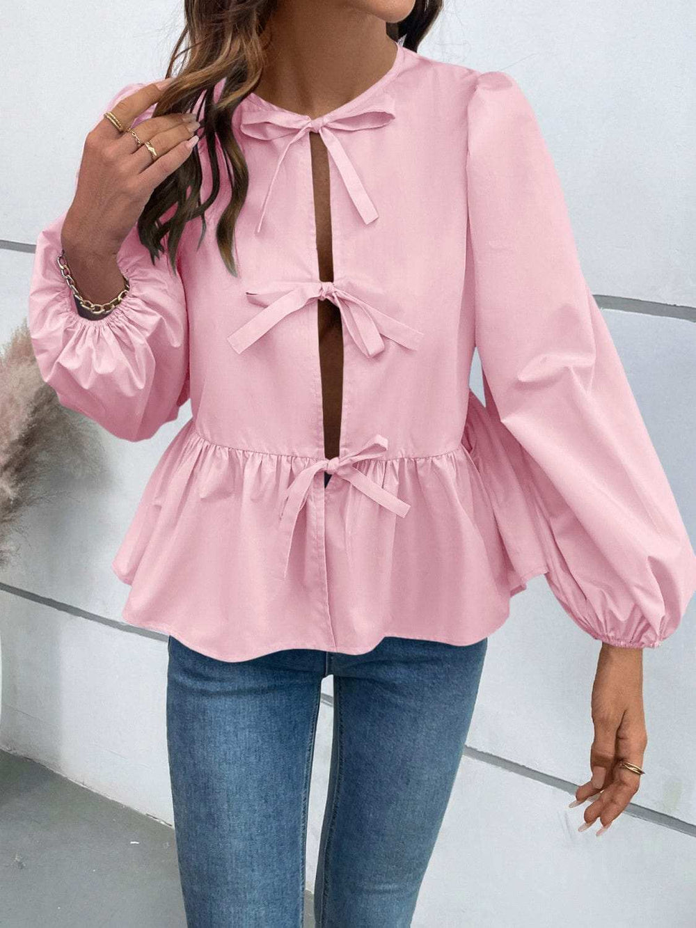 Ivy Lane Peplum Tied Long Sleeve Blouse - Trendsi - Flyclothing LLC