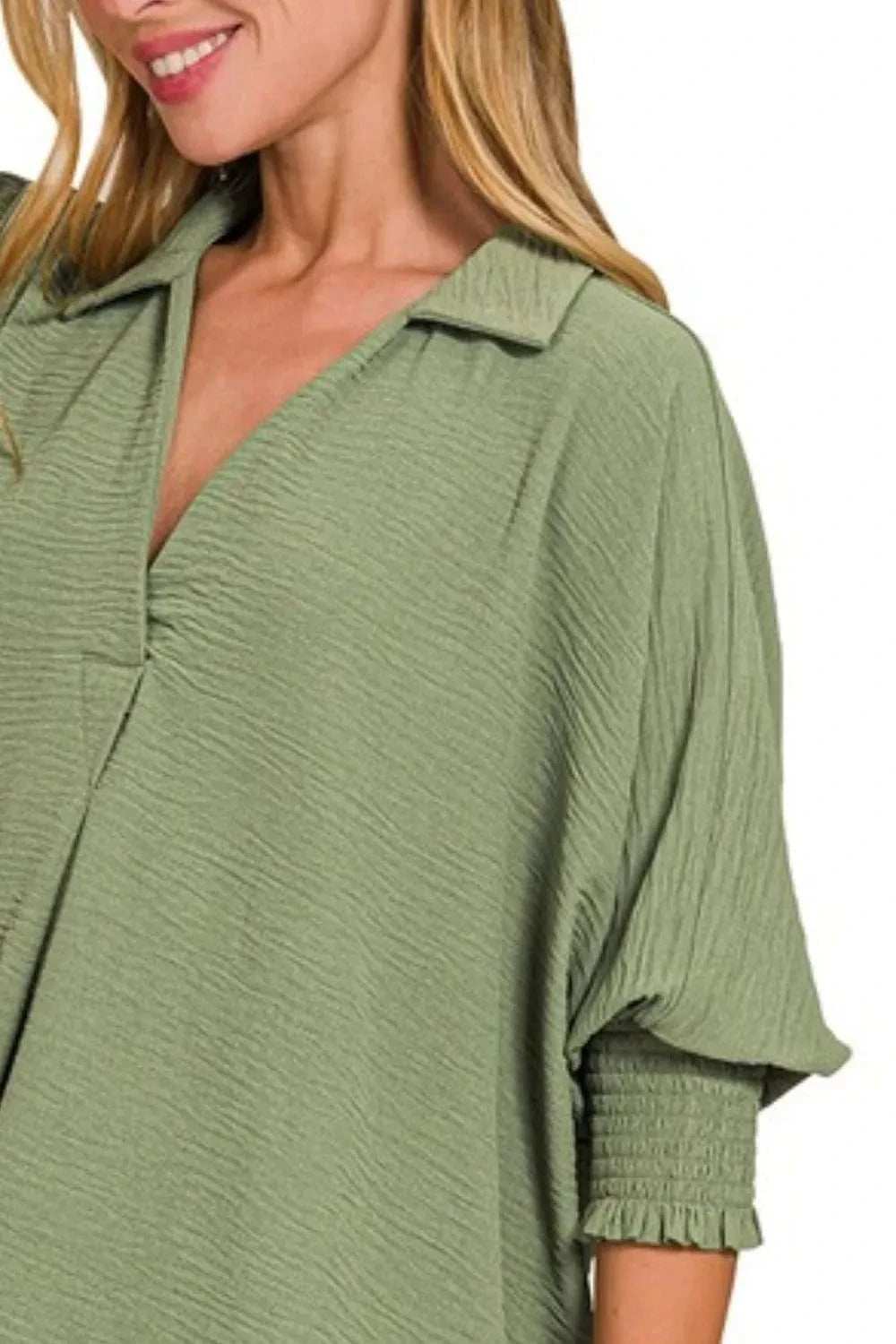 Zenana Airflow Collar Tee with Smocked Sleeve Band Top - Trendsi - Flyclothing LLC