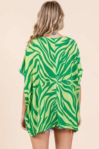 Mittoshop Zebra Print V-Neck Short Sleeve Oversized Top - Trendsi - Flyclothing LLC