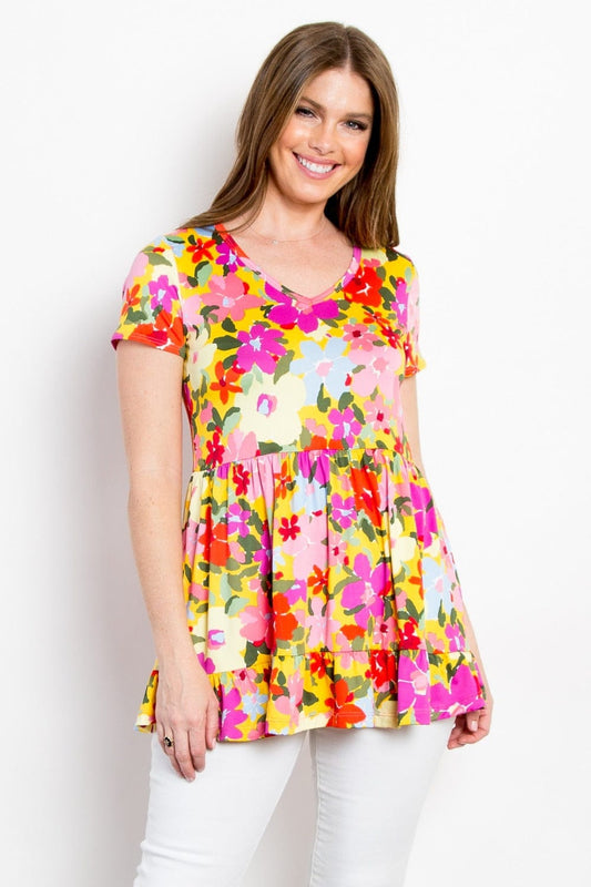 Be Stage Full Size Floral Wrinkle Free Ruffled Blouse - Trendsi