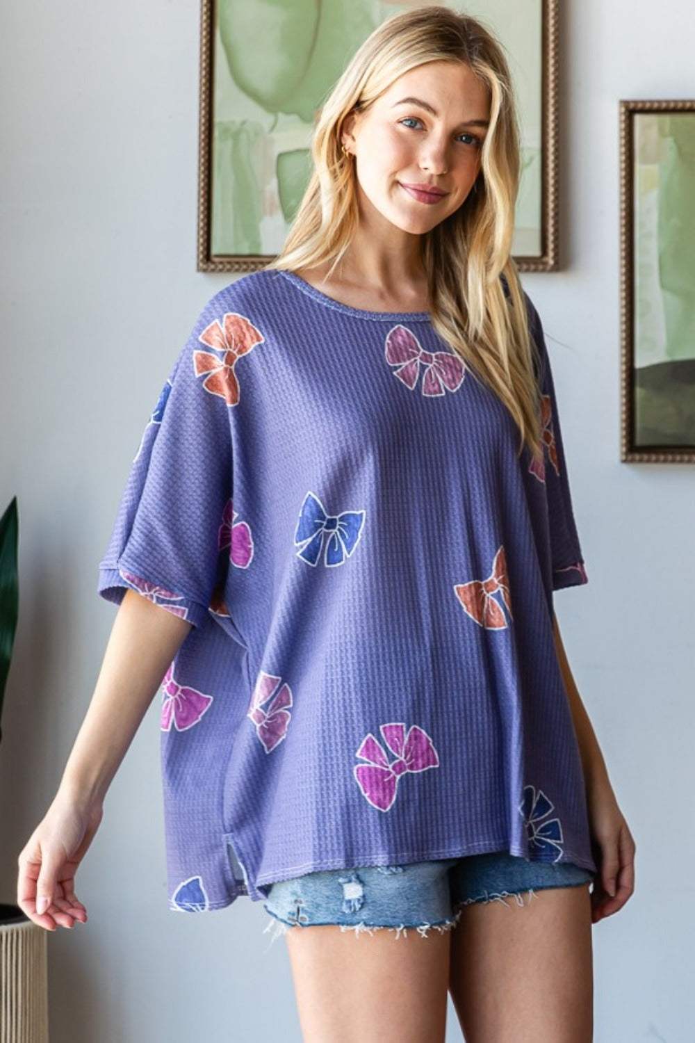 HOPELY Bow Print Waffle Side Slit T-Shirt - Trendsi - Flyclothing LLC