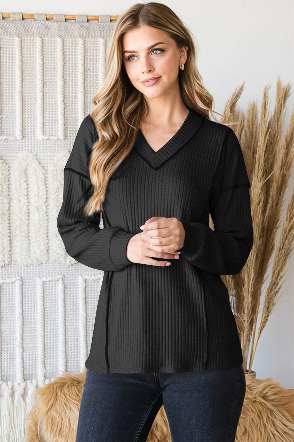 Heimish Full Size Ribbed V-Neck Exposed Seam Top - Trendsi - Flyclothing LLC