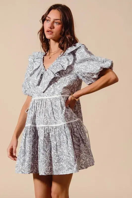 SO ME Cotton Printed Ruffle V Neckline Dress with Side Tie - Trendsi - Flyclothing LLC