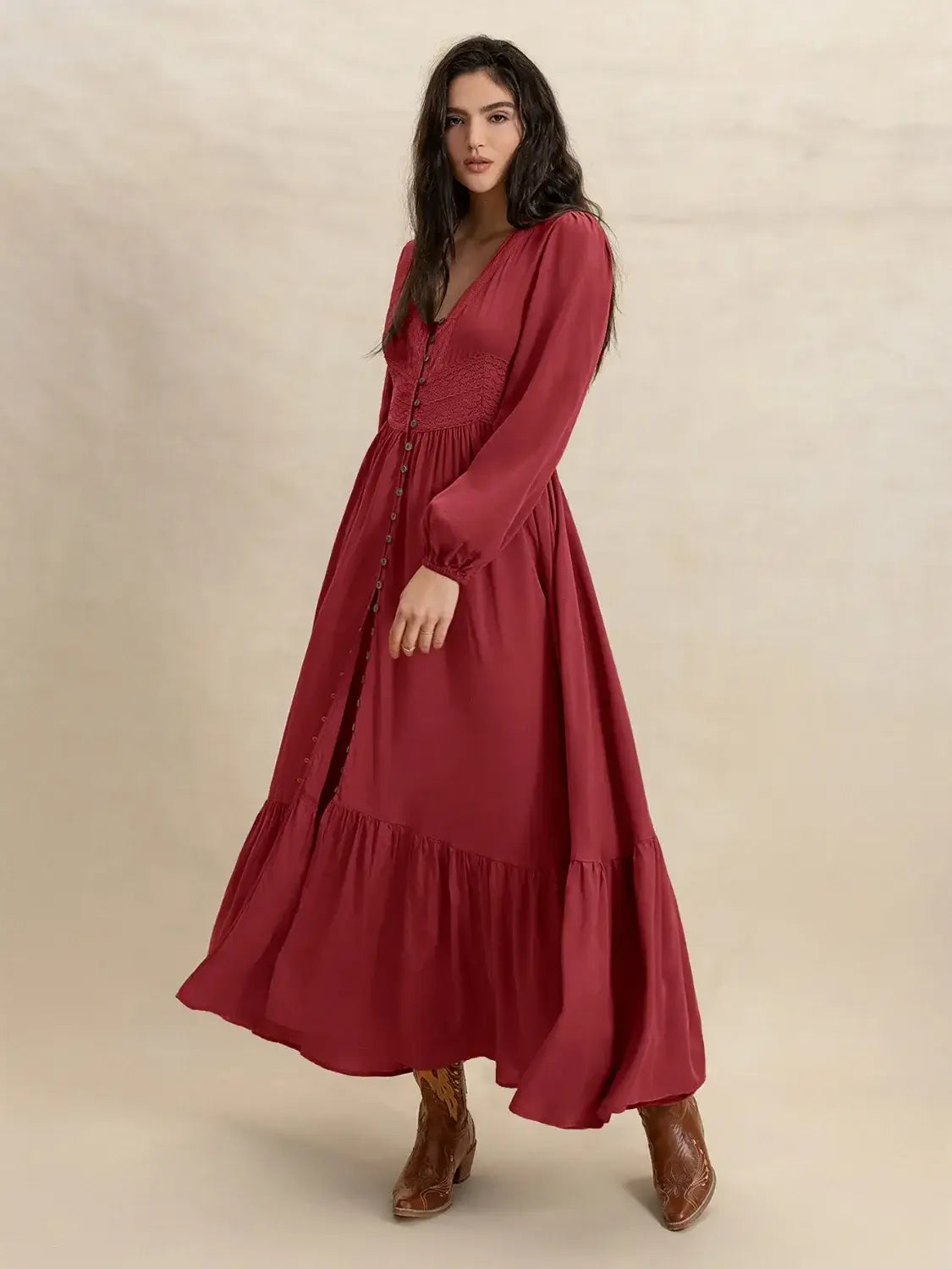 V-Neck Balloon Sleeve Ruffled Hem Maxi Dress - Trendsi - Flyclothing LLC