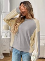 Color Block Waffle Knit Long Sleeve T-Shirt - Trendsi - Flyclothing LLC