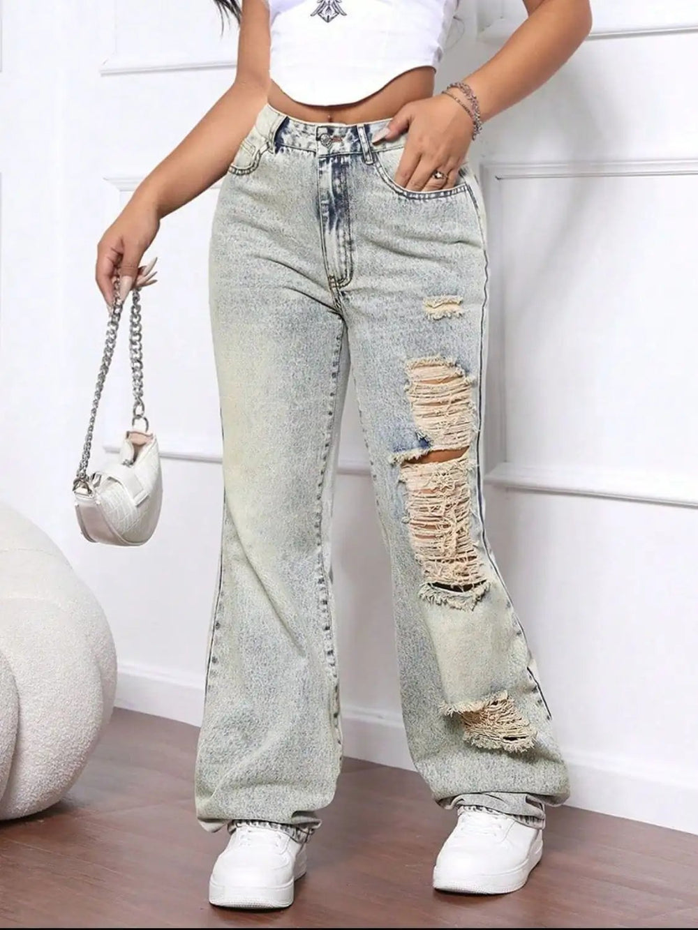 Distressed High Waist Jeans - Trendsi