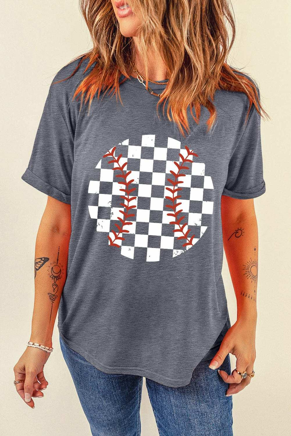 Checkered Graphic Round Neck Short Sleeve T-Shirt - Trendsi - Flyclothing LLC