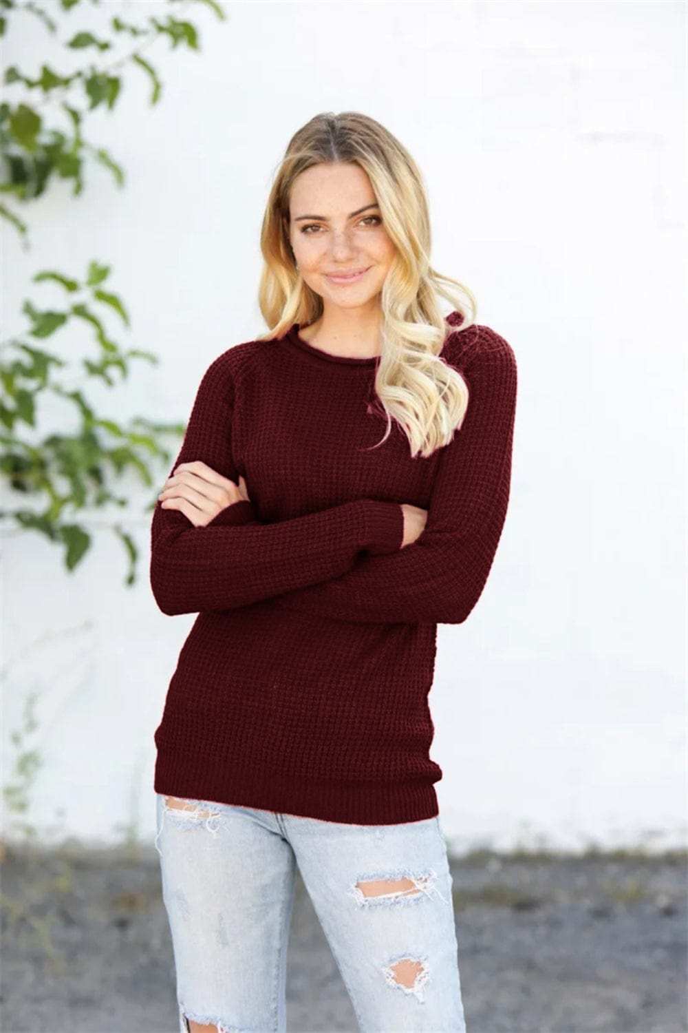 Round Neck Raglan Sleeve Sweater - Trendsi - Flyclothing LLC