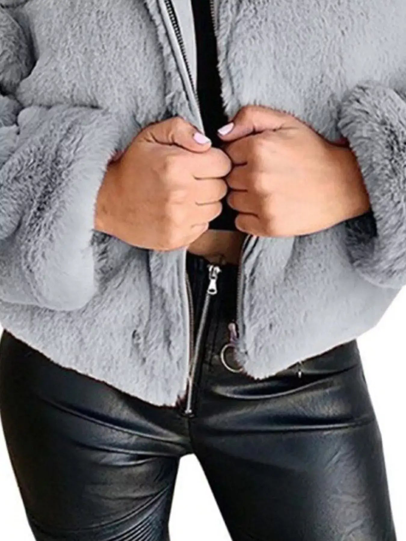 Full Size Faux Fur Cropped Zip-Up Jacket Plus Size - Trendsi - Flyclothing LLC