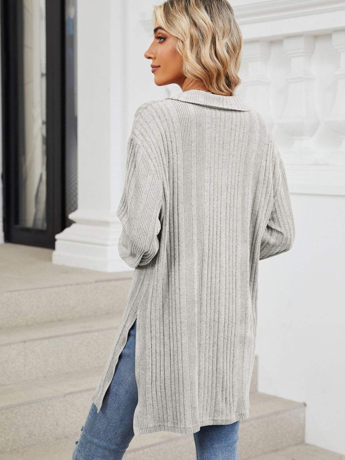 Slit Johnny Collar Long Sleeve T-Shirt - Trendsi - Flyclothing LLC