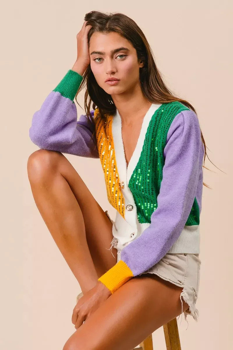 BiBi Mardi Gras Color Block Sequin Sweater Cardigan - Trendsi - Flyclothing LLC