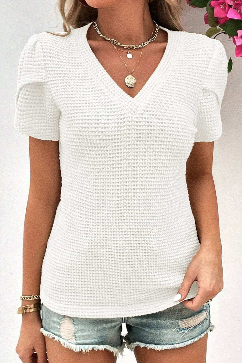 Waffle-Knit V-Neck Short Sleeve Blouse - Trendsi - Flyclothing LLC