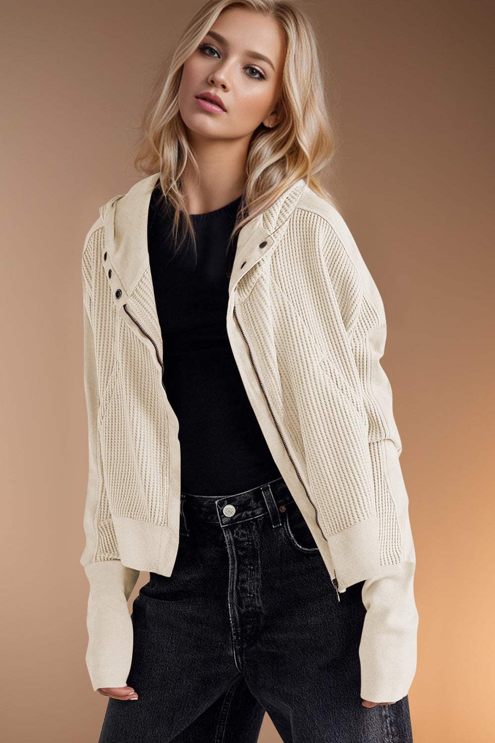 Double Take Waffle-Knit Zip Up Long Sleeve Hooded Jacket - Trendsi - Flyclothing LLC