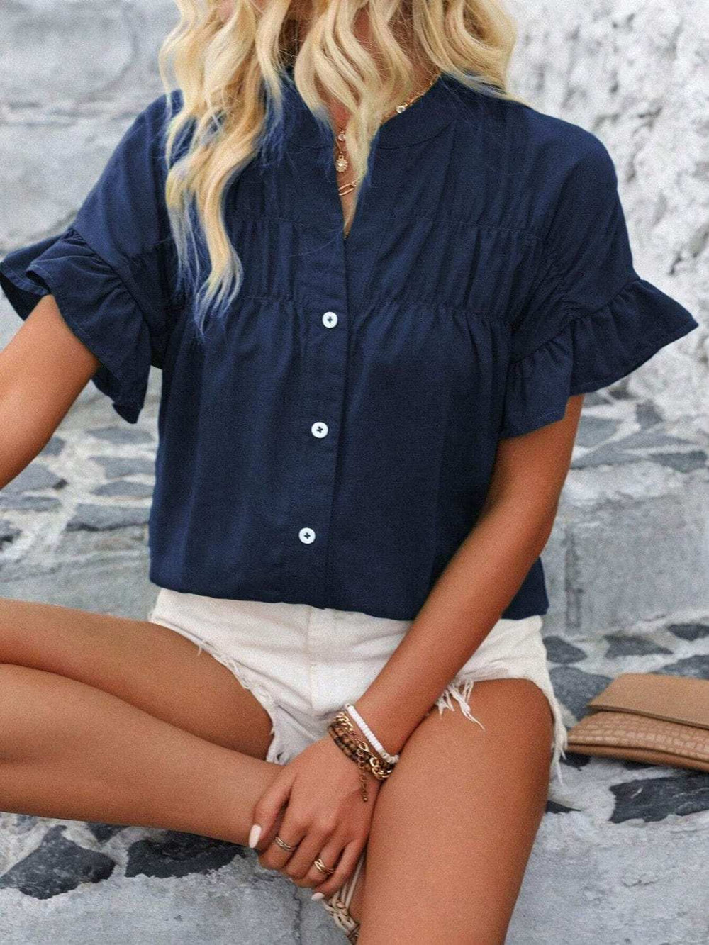 Button Down Ruffled Short Sleeve Shirt - Trendsi - Flyclothing LLC