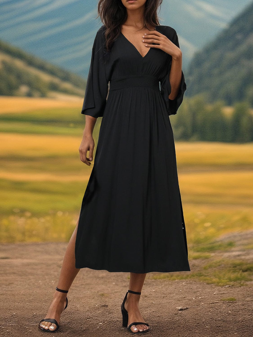 Slit V-Neck Long Sleeve Midi Dress - Trendsi