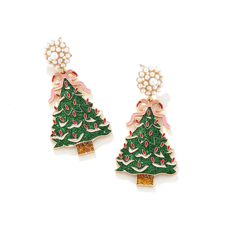 Christmas Tree Dangle Earrings with Pearl - Trendsi - Flyclothing LLC