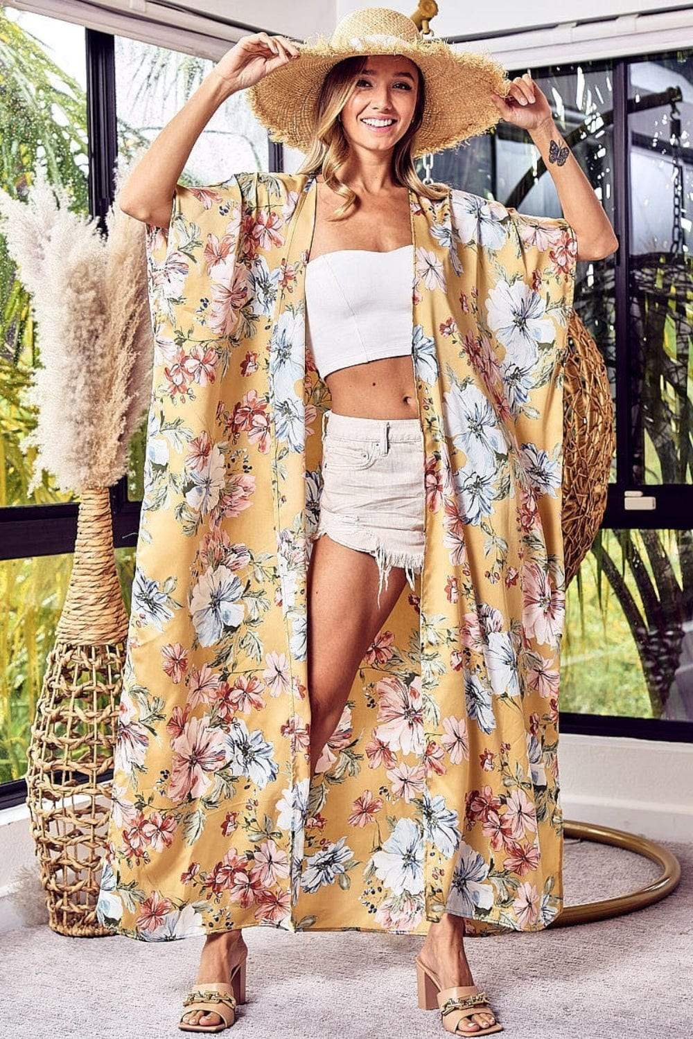 BiBi Floral Side Slit Longline Cardigan - Trendsi - Flyclothing LLC