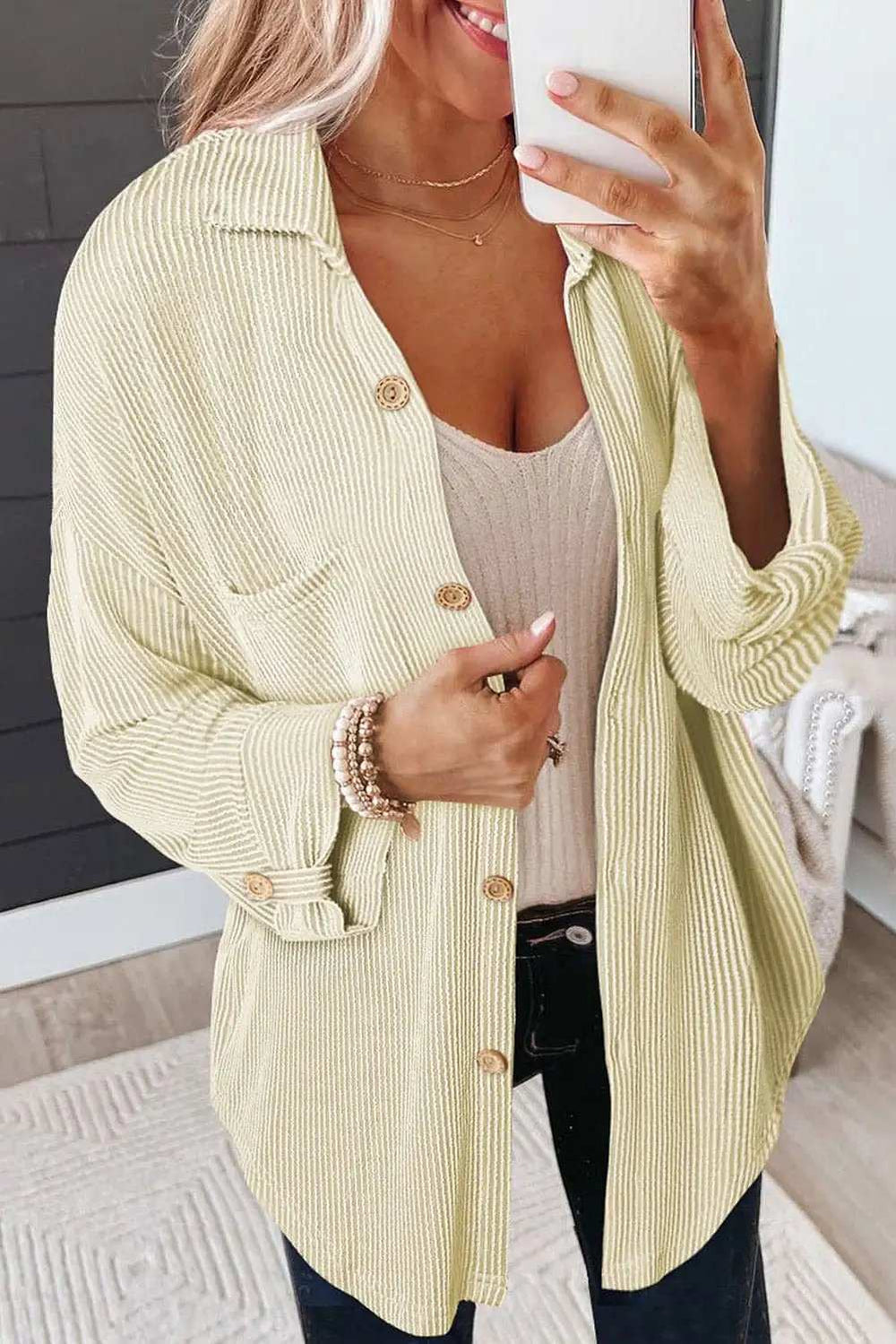 Striped Collared Neck Long Sleeve Shirt - Trendsi - Flyclothing LLC