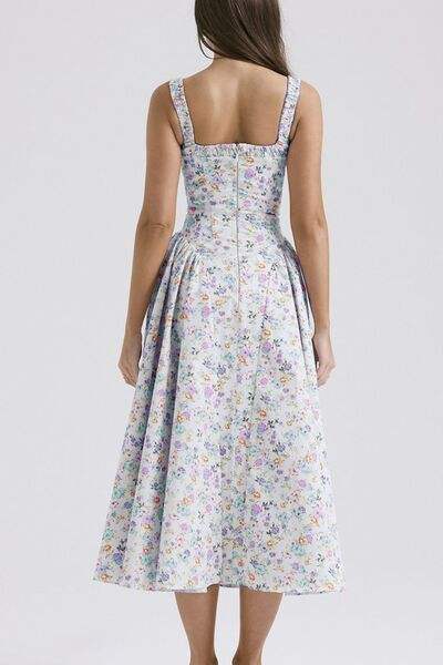 Floral Square Neck Wide Strap Midi Dress - Trendsi - Flyclothing LLC