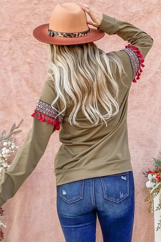 And The Why Ethnic Ribbon Tassel Trim Top - Trendsi - Flyclothing LLC