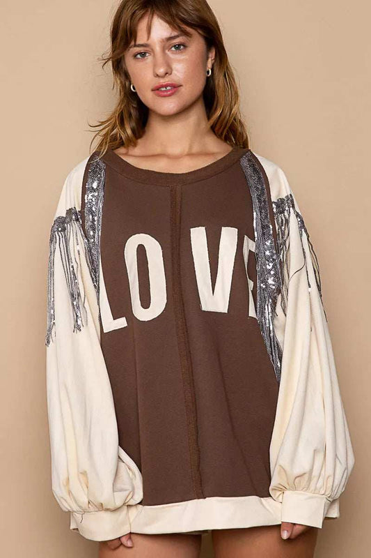 POL Balloon Sleeve French Terry Sweatshirt with Sequin Tassel - Trendsi - Flyclothing LLC