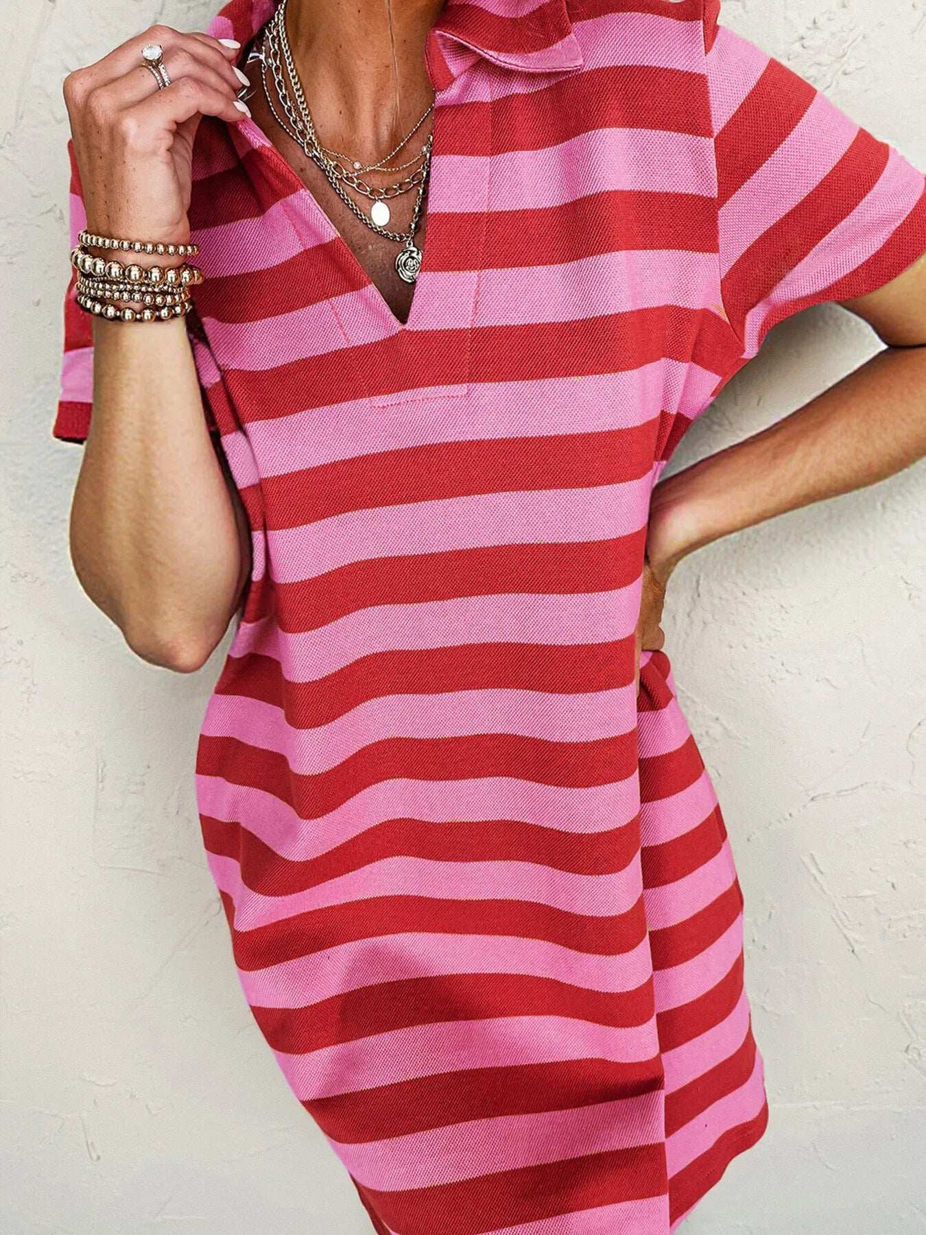Striped Johnny Collar Short Sleeve Dress - Trendsi - Flyclothing LLC