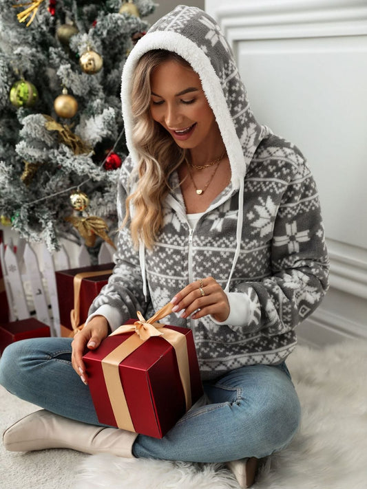 Drawstring Snowflake Zip Up Hooded Outerwear - Trendsi
