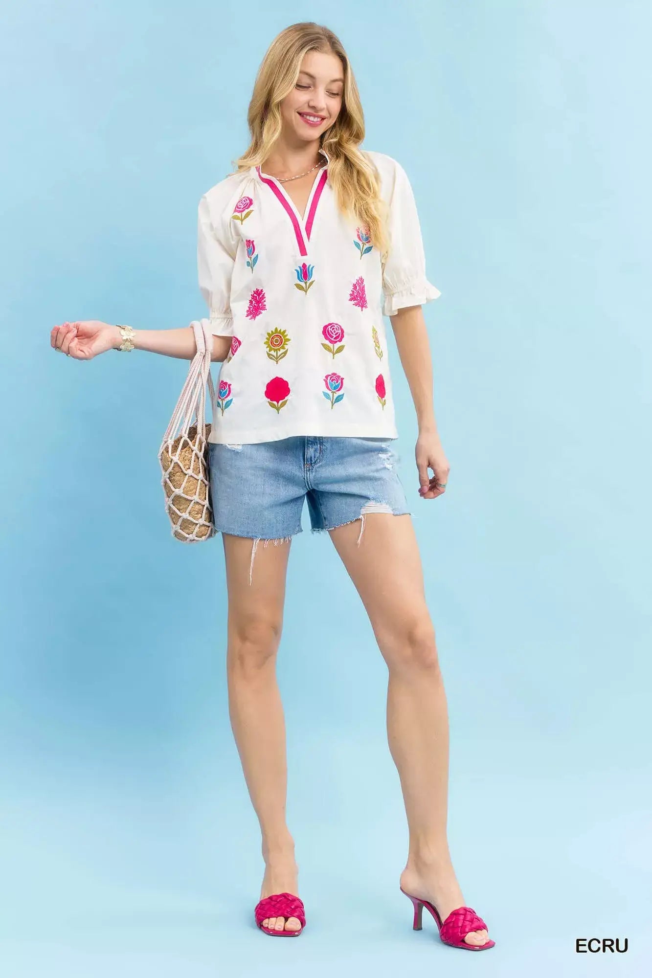 Umgee Embroidered Floral Top with Contrast Trim - Trendsi - Flyclothing LLC