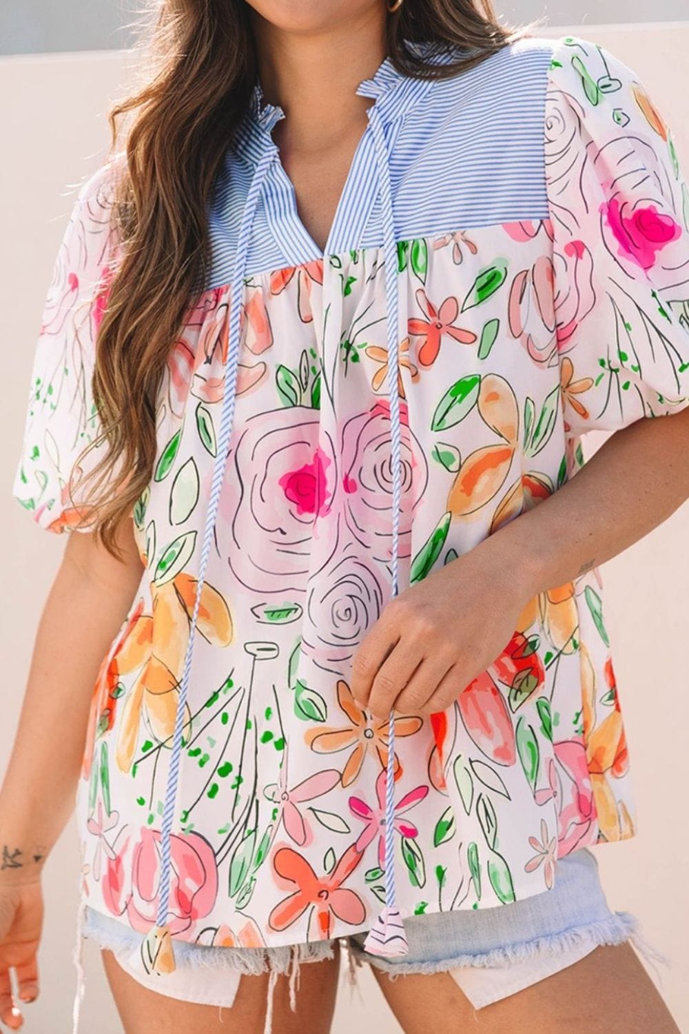 Floral Striped Yoke Frilled Tie Neck Puff Short Sleeve Blouse - Trendsi