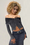 Double Take Ribbed Off-Shoulder Zip Up Long Sleeve Cardigan - Trendsi