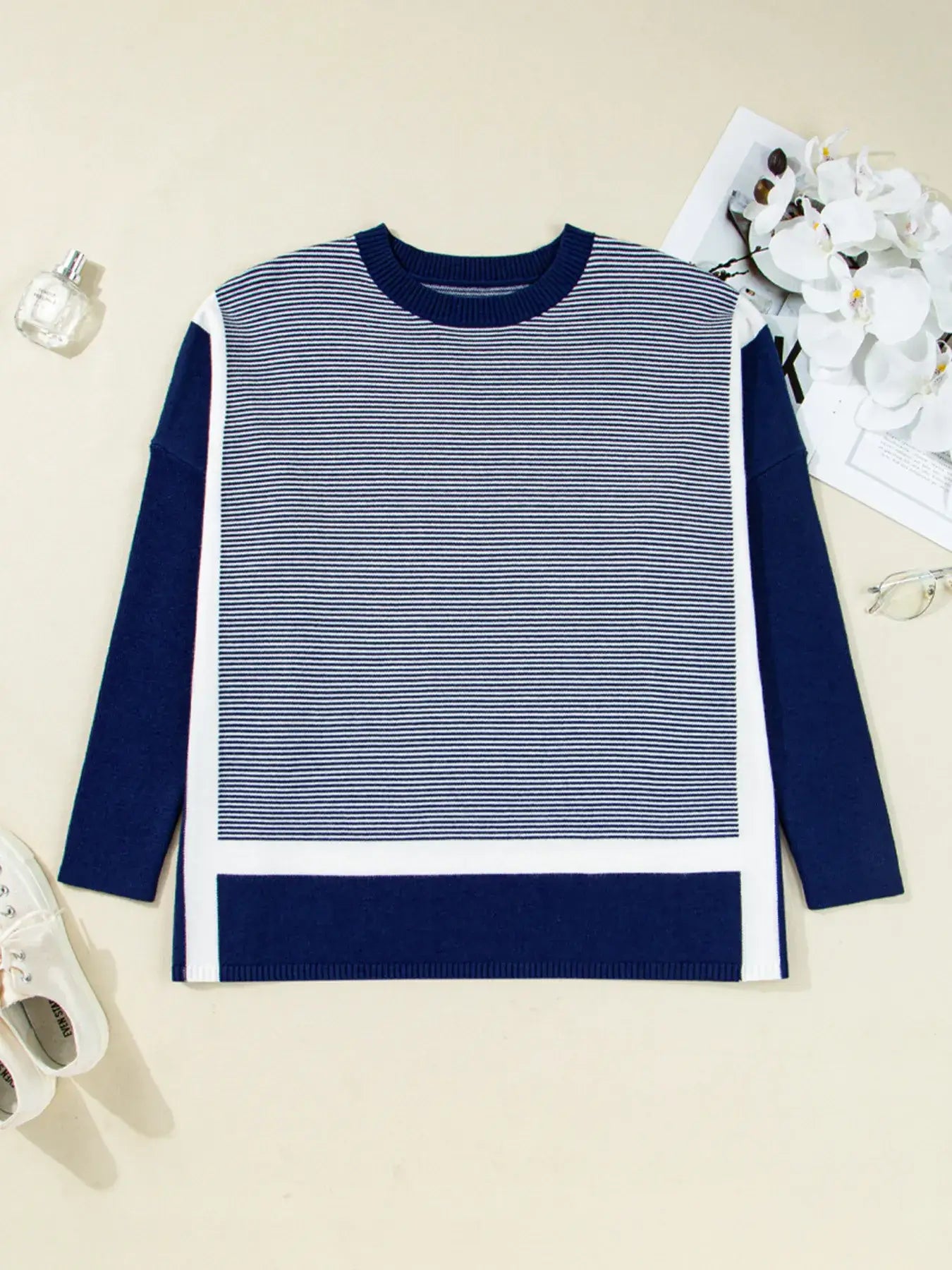 Stripe Dolman Oversize Tunic Sweater - Trendsi - Flyclothing LLC
