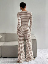 Striped Long Sleeve Crop Top and Wide Leg Pants Set - Trendsi - Flyclothing LLC