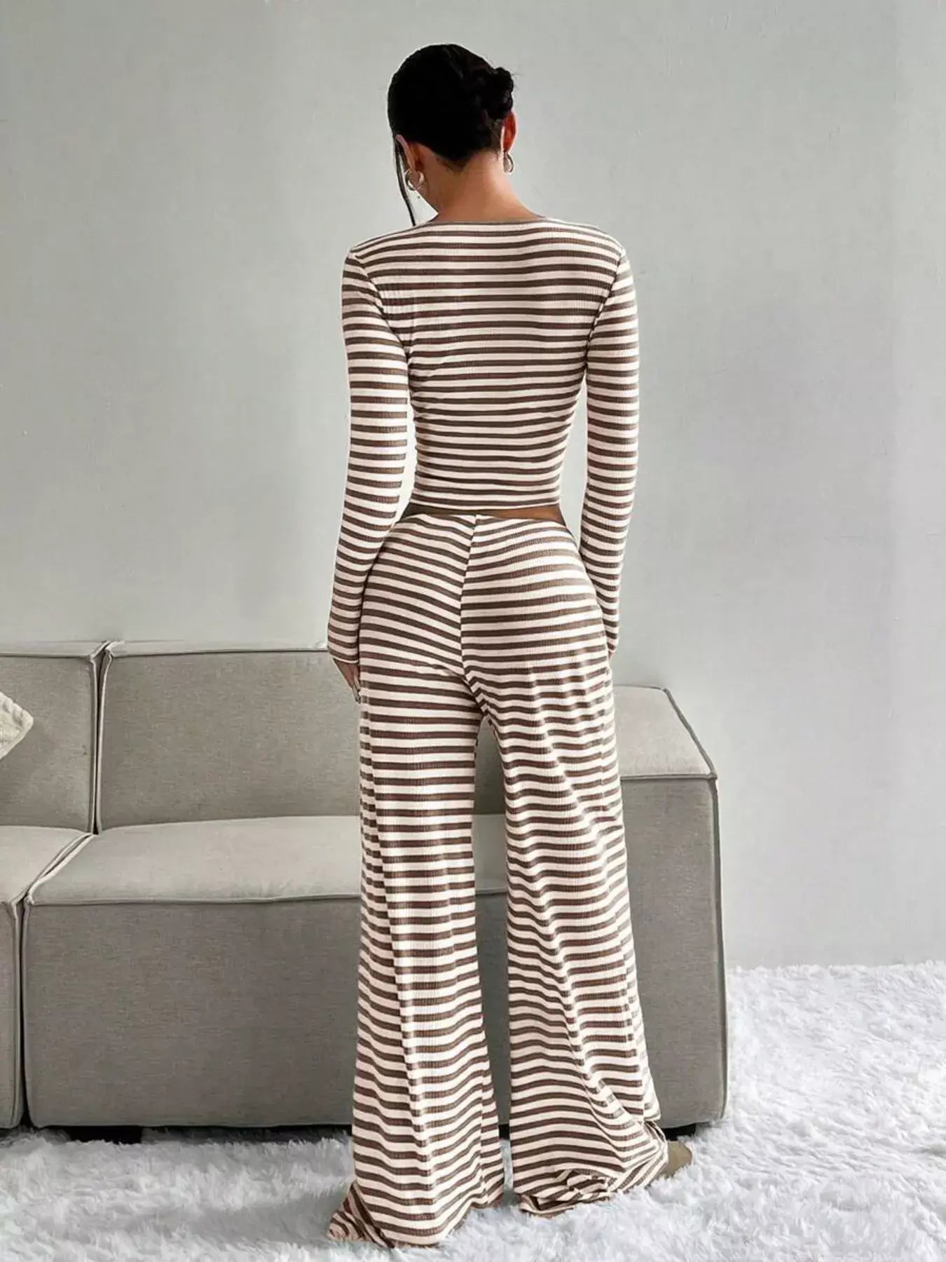 Striped Long Sleeve Crop Top and Wide Leg Pants Set - Trendsi - Flyclothing LLC