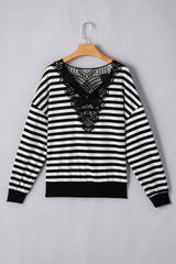 Striped Lace Detail V Neck Top - Trendsi - Flyclothing LLC
