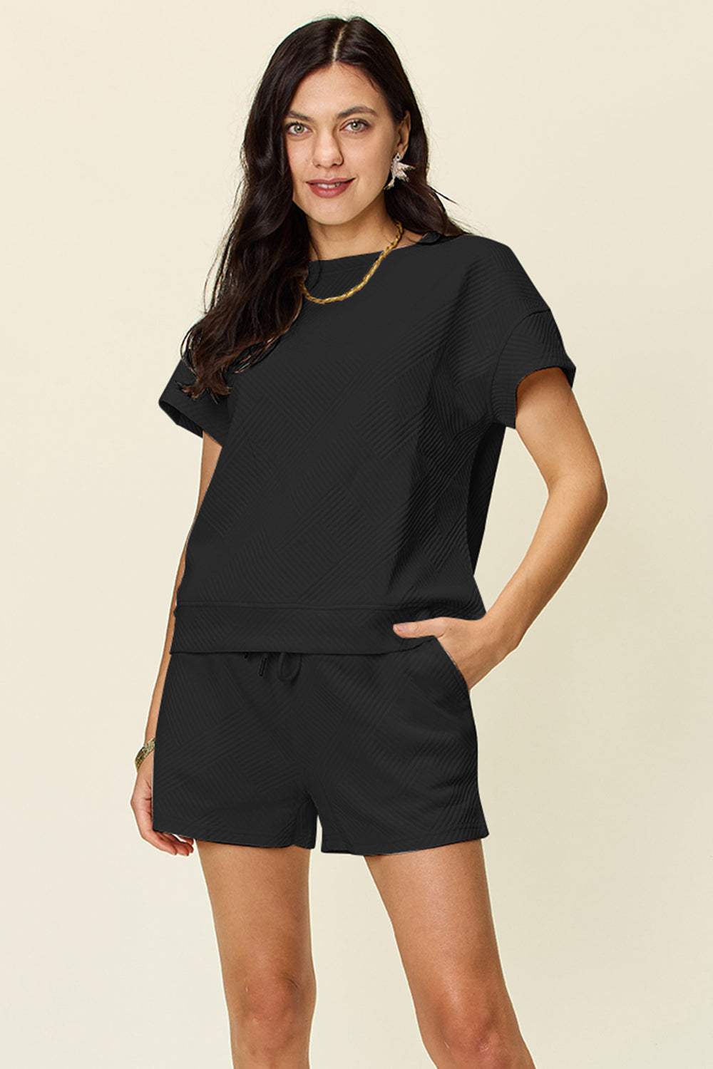 Double Take Full Size Texture Short Sleeve T-Shirt and Drawstring Shorts Set - Trendsi - Flyclothing LLC