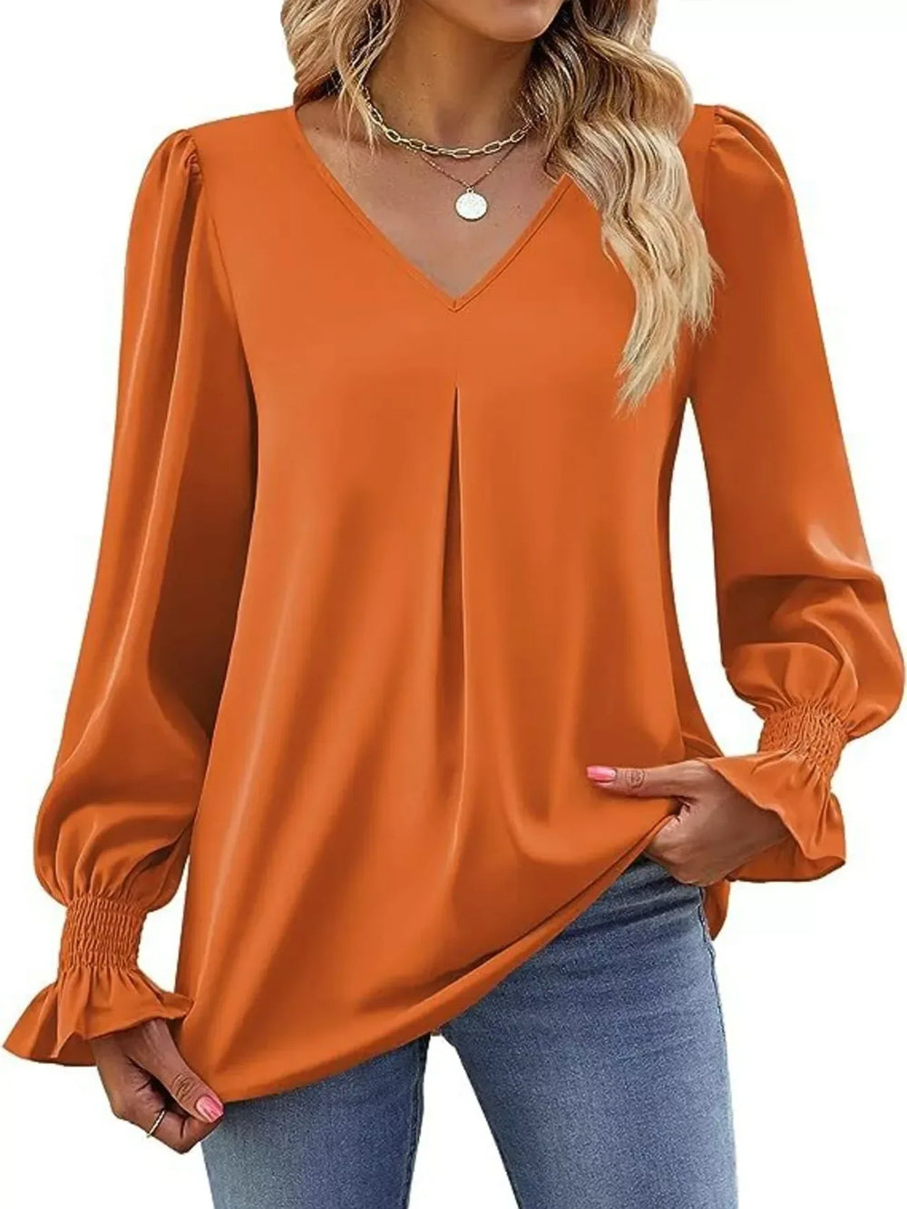 V-Neck Long Sleeve Ruffle Cuff Blouse - Trendsi - Flyclothing LLC