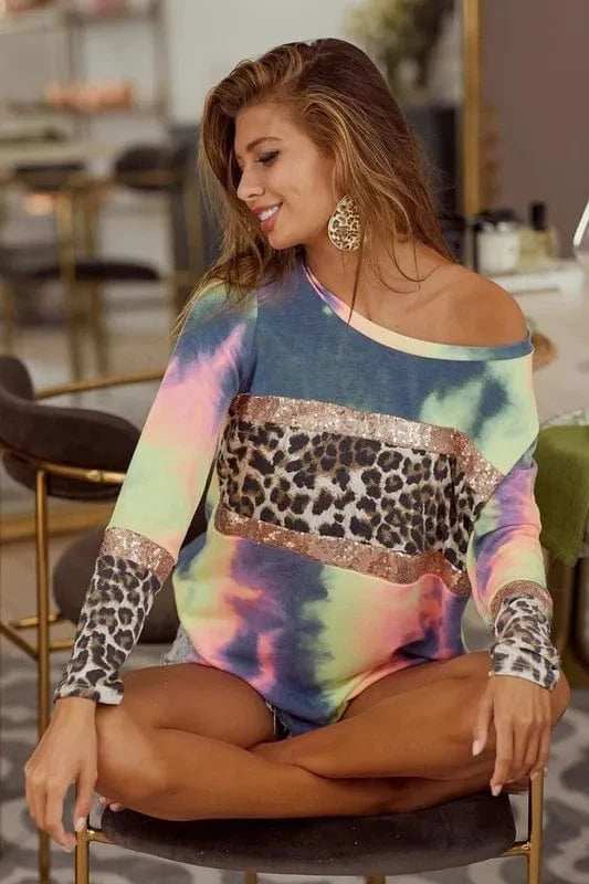 BiBi Tie Dye Terry Top with Sequins And Leopard Block - Trendsi - Flyclothing LLC